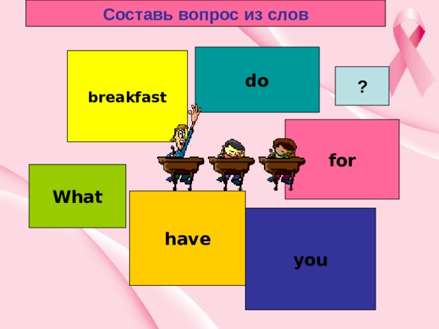 Составь вопрос из слов do breakfast ? for What have you 