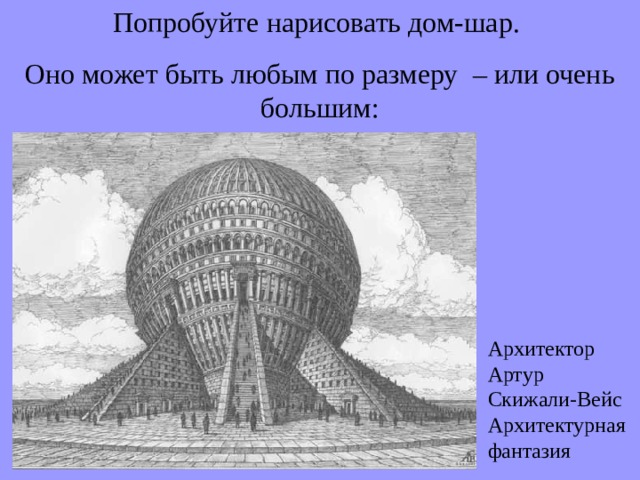 Попробуйте нарисовать дом-шар. Оно может быть любым по размеру – или очень большим: Архитектор Артур Скижали-Вейс Архитектурная фантазия 