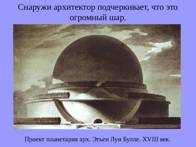 Снаружи архитектор подчеркивает, что это огромный шар . Проект планетария арх. Этьен Луи Булле. XVIII век. 