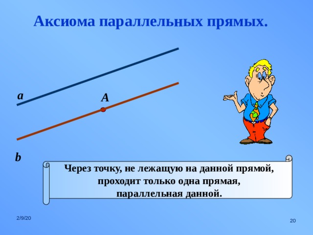 Аксиома параллельных прямых. а А b Через точку, не лежащую на данной прямой, проходит только одна прямая, параллельная данной. 2/9/20  