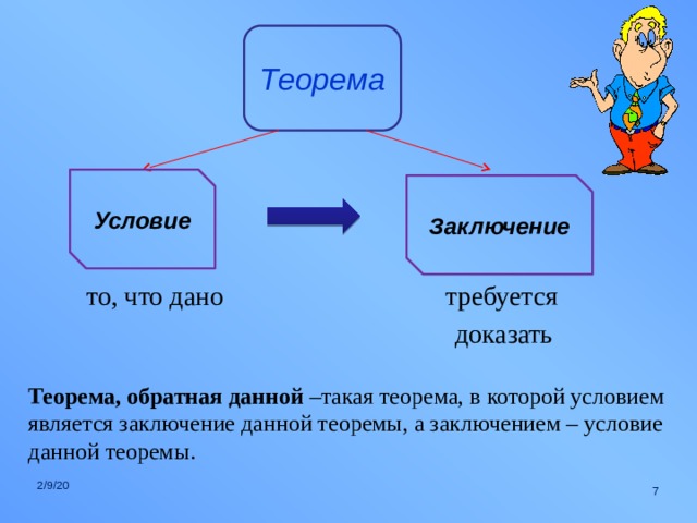  то, что дано требуется  доказать Теорема Условие Заключение Теорема, обратная данной –такая теорема, в которой условием является заключение данной теоремы, а заключением – условие данной теоремы. 2/9/20  