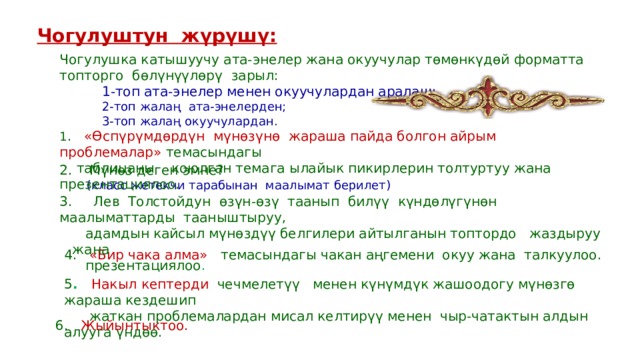 Чогулуштун жүрүшү: Чогулушка катышуучу ата-энелер жана окуучулар төмөнкүдөй форматта топторго бөлүнүүлөрү зарыл:  1-топ ата-энелер менен окуучулардан аралаш;  2-топ жалаң ата-энелерден;  3-топ жалаң окуучулардан. 1 . «Өспүрүмдөрдүн мүнөзүнө жараша пайда болгон айрым проблемалар»  темасындагы  таблицаны коюлган темага ылайык пикирлерин толтуртуу жана презентациялоо. 2. Мүнөз деген эмне?  (класс жетекчи тарабынан маалымат берилет) 3. Лев Толстойдун өзүн-өзү таанып билүү күндөлүгүнөн маалыматтарды тааныштыруу,  адамдын кайсыл мүнөздүү белгилери айтылганын топтордо жаздыруу жана  презентациялоо . 4. «Бир чака алма» темасындагы чакан аңгемени окуу жана талкуулоо. 5 . Накыл кептерди чечмелетүү менен күнүмдүк жашоодогу мүнөзгө жараша кездешип  жаткан проблемалардан мисал келтирүү менен чыр-чатактын алдын алууга үндөө. 6.  Жыйынтыктоо. 