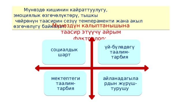  Мүнөздө кишинин кайраттуулугу, эмоциялык өзгөчөлүктөрү, тышкы  чөйрөнүн таасирин сезүү темпераменти жана акыл өзгөчөлүгү байкалат. Мүнөздүн калыптанышына таасир этүүчү айрым факторлор: үй-бүлөдөгү таалим-тарбия социалдык шарт мектептеги таалим-тарбия айланадагылардын жүрүш-турушу 