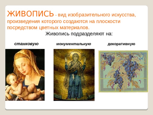 ЖИВОПИСЬ  - вид изобразительного искусства, произведения которого создаются на плоскости посредством цветных материалов. Живопись подразделяют на: станковую монументальную декоративную 