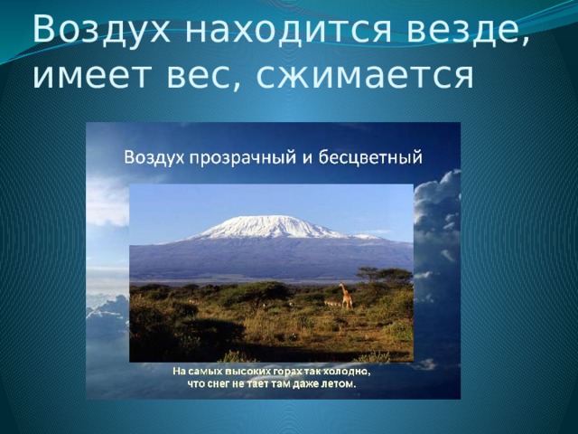 Воздух находится везде, имеет вес, сжимается 