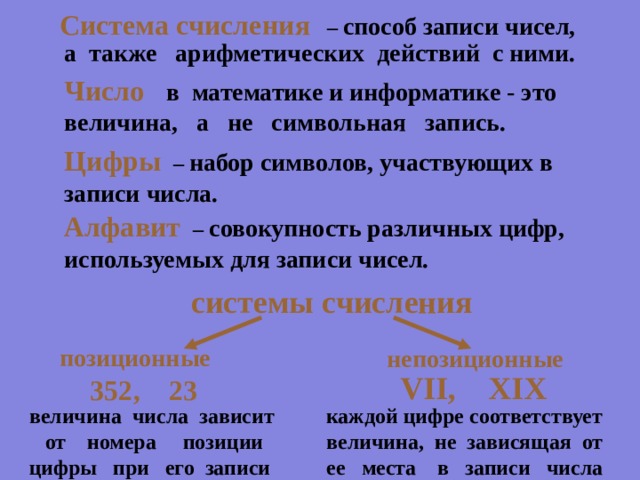 Система счисления   –  способ записи чисел, а также арифметических действий с ними.  Число  в математике и информатике - это величина, а не символьная запись. Цифры  –  набор символов, участвующих в записи числа. Алфавит  –  совокупность различных цифр, используемых для записи чисел. системы счисления позиционные непозиционные VII, XIX 352 , 23 каждой цифре соответствует величина, не зависящая от ее  места  в  записи числа величина числа зависит  от  номера позиции цифры при его записи