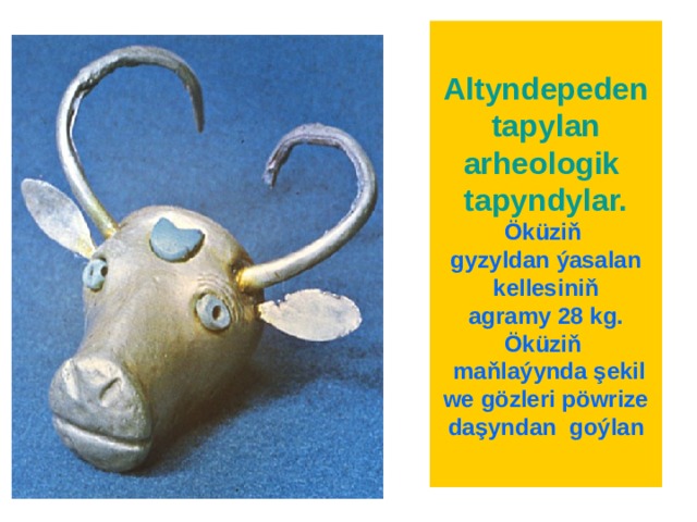 Altyndepeden tapylan  arheologik tapyndylar.  Öküziň  gyzyldan ýasalan kellesiniň  agramy 28 kg. Öküziň  maňlaýynda ş ekil we gözleri pöwrize daşyndan  goýlan 