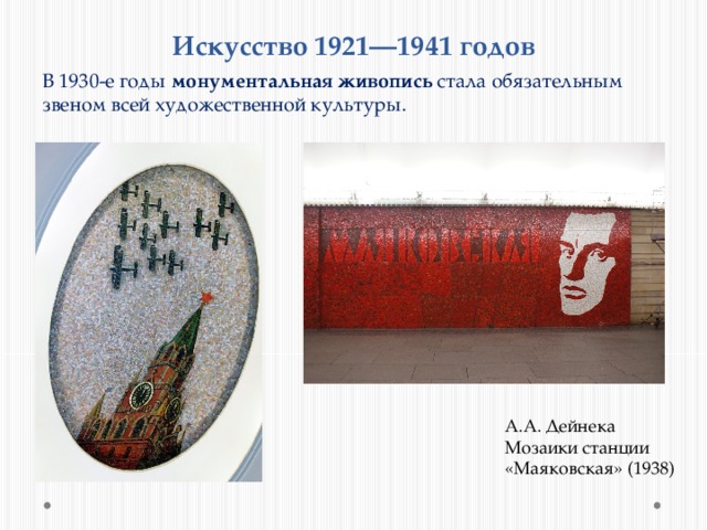 Искусство 1921—1941 годов В 1930-е годы монументальная живопись стала обязательным звеном всей художественной культуры. А.А. Дейнека Мозаики станции «Маяковская» (1938) 