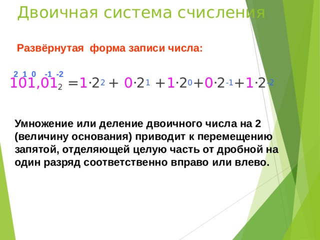 Двоичная система счисления Развёрнутая форма записи числа:  2 1 0 -1 -2 101,01 2 = 1  2 2  + 0  2 1  + 1  2 0 + 0  2 -1 + 1  2 -2 Умножение или деление двоичного числа на 2 (величину основания) приводит к перемещению запятой, отделяющей целую часть от дробной на один разряд соответственно вправо или влево. 