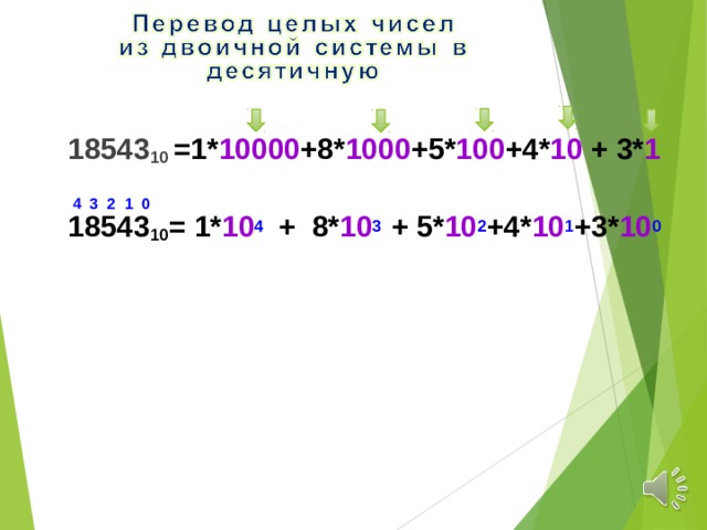 =1* 10000 +8* 1000 +5* 100 +4* 10 + 3* 1 18543 10   4 3 2 1 0 18543 10 = 1* 10 4 + 8* 10 3 + 5* 10 2 +4* 10 1 +3* 10 0 