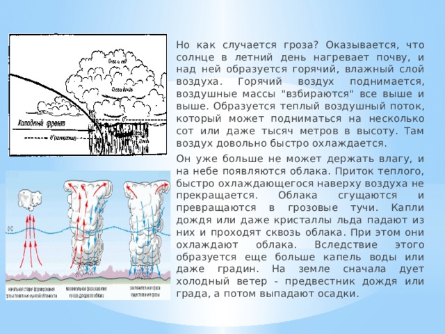  Но как случается гроза? Оказывается, что солнце в летний день нагревает почву, и над ней образуется горячий, влажный слой воздуха. Горячий воздух поднимается, воздушные массы 