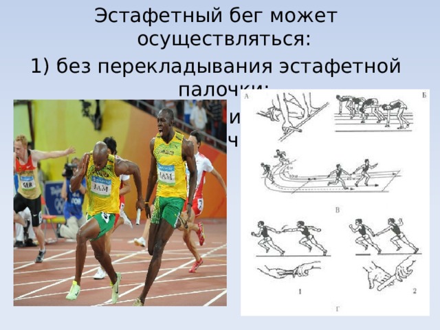 Эстафетный бег может осуществляться: 1) без перекладывания эстафетной палочки; 2) с перекладыванием эстафетной палочки. 