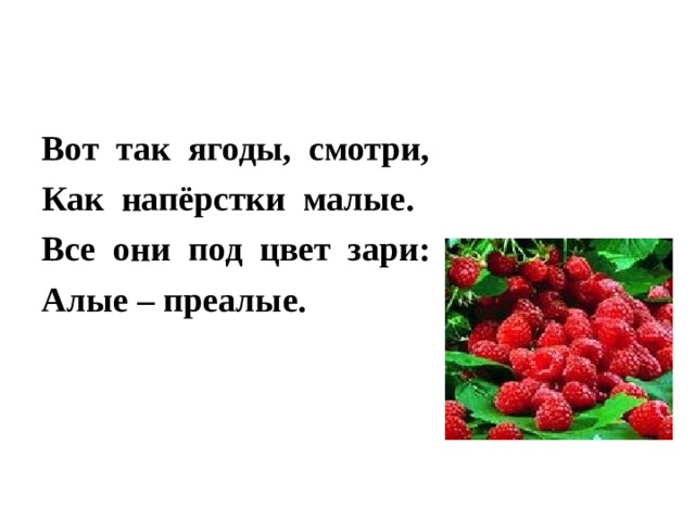 Вот так ягоды, смотри, Как напёрстки малые. Все они под цвет зари: Алые – преалые.  