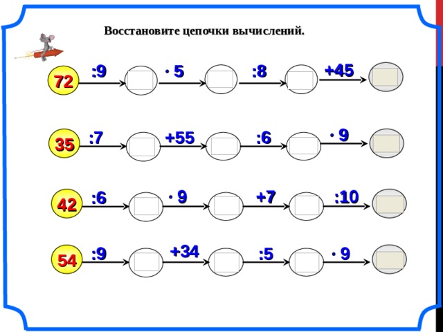 Восстановите цепочки вычислений.  +45 :8 5 :9     72 9 :6 +55 :7  35    +7 :10 9 :6  42    Математика. 5 класс. Виленкин Н.Я. и др. №55. +34 :9 :5 9  54    2 