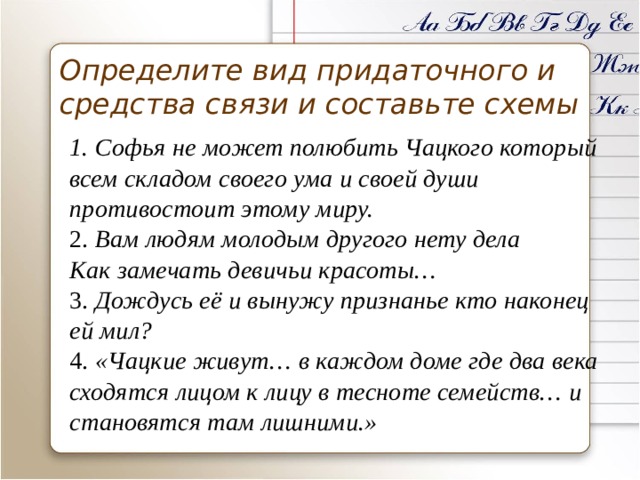 Определите вид придаточного и средства связи и составьте схемы 1. Софья не может полюбить Чацкого который всем складом своего ума и своей души противостоит этому миру.  2. Вам людям молодым другого нету дела  Как замечать девичьи красоты…  3. Дождусь её и вынужу признанье кто наконец ей мил?  4. «Чацкие живут… в каждом доме где два века сходятся лицом к лицу в тесноте семейств… и становятся там лишними.»   