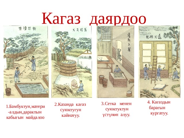  Кагаз даярдоо 2.Казанда кагаз суюктугун кайнатуу. 4. Кагаздын барагын кургатуу. 3.Сетка менен суюктуктун үстүнөн алуу. 1.Бамбуктун,матери-алдын,дарактын кабыгын майдалоо 16 
