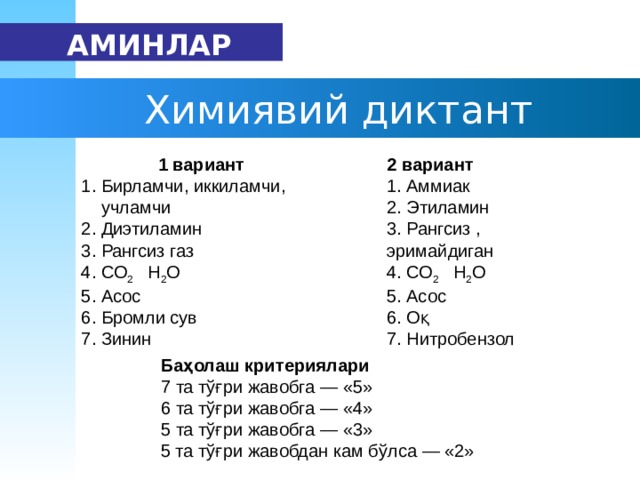   АМИН ЛАР   Хими явий диктант 1 вариант 1. Бирламчи , иккиламчи ,  учламчи 2. Диэтиламин 3. Рангсиз газ 4. СО 2 Н 2 О 5. Асос 6. Бром ли  сув 7. Зинин 2 вариант 1. Аммиак 2. Этиламин 3. Рангсиз , эримайдиган 4. СО 2 Н 2 О 5. Асос 6. Оқ 7. Нитробензол Баҳолаш критериялари 7 та тўғри жавобга — «5» 6 та тўғри жавобга — «4» 5 та тўғри жавобга — «3» 5 та тўғри жавобдан кам бўлса — «2» 