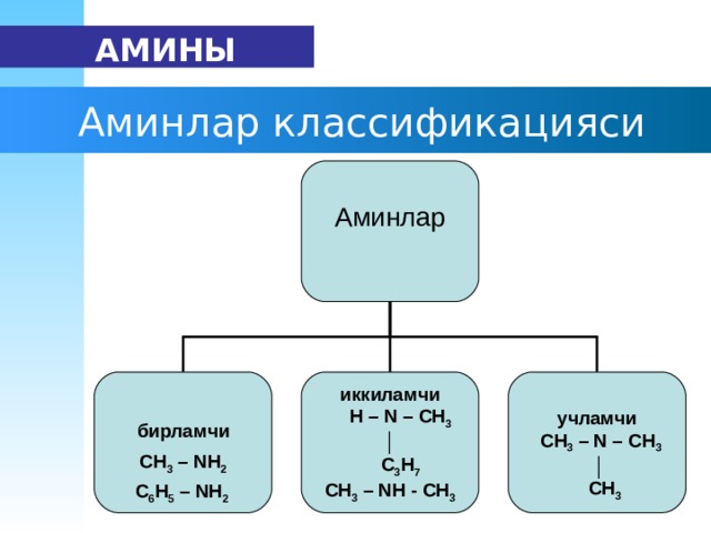   АМИНЫ  А мин лар  к лассификация си Аминлар бирламчи  СН 3 – N Н 2 иккиламчи  H – N – CH 3  │    С 3 Н 7 СН 3 – N Н - СН 3 учламчи  CH 3 – N – CH 3 │  СН 3  С 6 Н 5 – N Н 2  