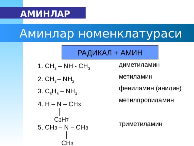   АМИН ЛАР   Аминлар номенклатураси диметиламин метиламин фениламин (анилин) метилпропиламин триметиламин 1. СН 3 – N Н - СН 3  2. СН 3 – N Н 2  3. С 6 Н 5 – N Н 2  4. H – N – CH 3    │    С 3 Н 7 5. CH 3 – N – CH 3      │   СН 3 