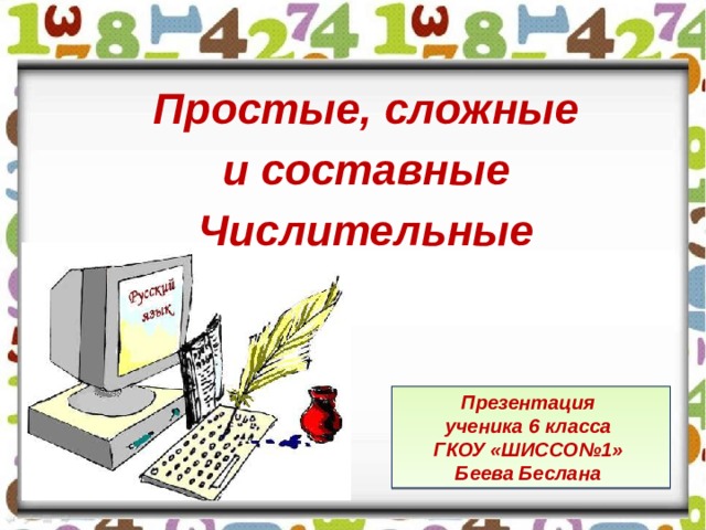 Презентация ученика 6 класса ГКОУ «ШИССО№1» Беева Беслана Простые, сложные  и составные Числительные 