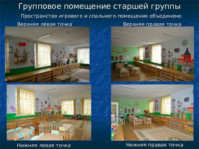 Групповое помещение старшей группы    Пространство игрового и спального помещения объединено Верхняя левая точка Верхняя правая точка Нижняя правая точка Нижняя левая точка 