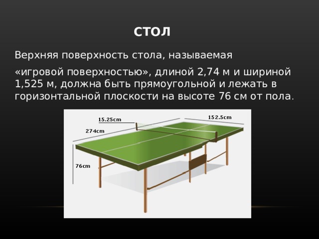  СТОЛ   Верхняя поверхность стола, называемая «игровой поверхностью», длиной 2,74 м и шириной 1,525 м, должна быть прямоугольной и лежать в горизонтальной плоскости на высоте 76 см от пола . 