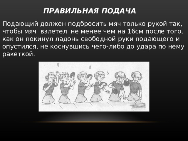  ПРАВИЛЬНАЯ ПОДАЧА   Подающий должен подбросить мяч только рукой так, чтобы мяч взлетел не менее чем на 16см после того, как он покинул ладонь свободной руки подающего и опустился, не коснувшись чего-либо до удара по нему ракеткой. 