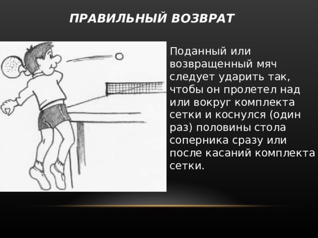  ПРАВИЛЬНЫЙ ВОЗВРАТ   Поданный или возвращенный мяч следует ударить так, чтобы он пролетел над или вокруг комплекта сетки и коснулся (один раз) половины стола соперника сразу или после касаний комплекта сетки. 