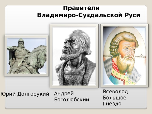 Правители  Владимиро-Суздальской Руси Всеволод Большое Гнездо Андрей Боголюбский Юрий Долгорукий 