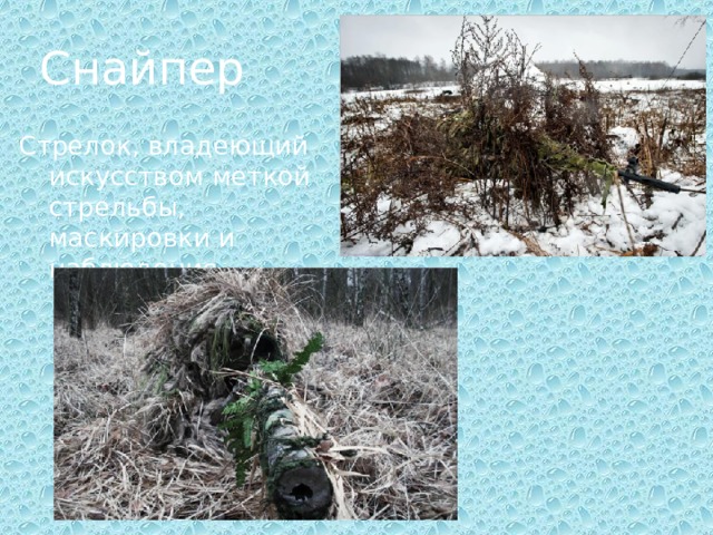 Снайпер Стрелок, владеющий искусством меткой стрельбы, маскировки и наблюдения. 
