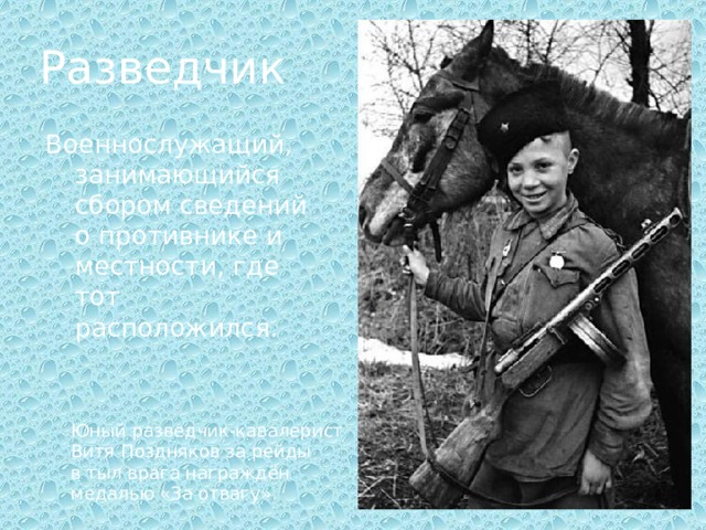 Разведчик Военнослужащий, занимающийся сбором сведений о противнике и местности, где тот расположился. Юный разведчик-кавалерист Витя Поздняков за рейды в тыл врага награждён медалью «За отвагу». 