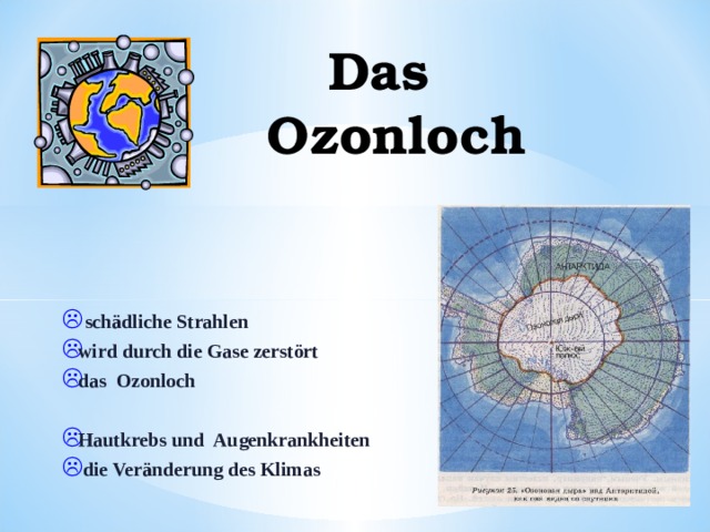 Das  Ozonloch  schädliche Strahlen wird durch die Gase zerstört das Ozonloch  Hautkrebs und Augenkrankheiten  die Veränderung des Klimas 