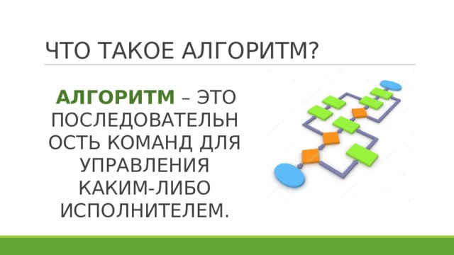 ЧТО ТАКОЕ АЛГОРИТМ? АЛГОРИТМ – ЭТО ПОСЛЕДОВАТЕЛЬНОСТЬ КОМАНД ДЛЯ УПРАВЛЕНИЯ КАКИМ-ЛИБО ИСПОЛНИТЕЛЕМ. 