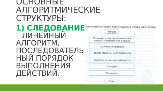 ОСНОВНЫЕ АЛГОРИТМИЧЕСКИЕ СТРУКТУРЫ: 1) СЛЕДОВАНИЕ – ЛИНЕЙНЫЙ АЛГОРИТМ, ПОСЛЕДОВАТЕЛЬНЫЙ ПОРЯДОК ВЫПОЛНЕНИЯ ДЕЙСТВИЙ. 
