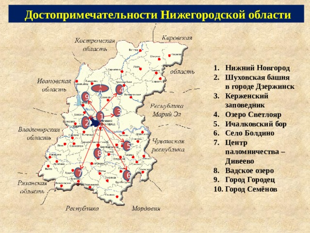  Достопримечательности Нижегородской области Нижний Новгород Шуховская башня в городе Дзержинск Керженский заповедник Озеро Светлояр Ичалковский бор Село Болдино Центр паломничества – Дивеево Вадское озеро Город Городец Город Семёнов 10 4 9 3 1 2 5 8 7 6 