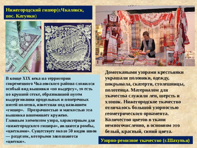 Нижегородский гипюр ( г.Чкаловск, пос. Катунки ) Домоткаными узорами крестьянки украшали половики, одежду, покрывала, скатерти, столешницы, полотенца. Материалом для ткачества служили лен, шерсть и хлопок. Нижегородское ткачество отличалось большой узорностью геометрического орнамента. Количество цветов в ткани немногочисленно, в основном это белый, красный, синий цвета.  В конце XIX века на территории современного Чкаловского района сложился особый вид вышивки «по выдергу», то есть по крупной сетке, образованной путем выдергивания продольных и поперечных нитей полотна, известная под названием «гипюр».  Прозрачностью и мягкостью эта вышивка напоминает кружево. Главным элементом узора, характерным для «нижегородского гипюра», являются ромбы, «цветками». Существует около 50 видов швов — разделок, которыми заполняются «цветки». Узорно-ремизное ткачество (г.Шахунья) 
