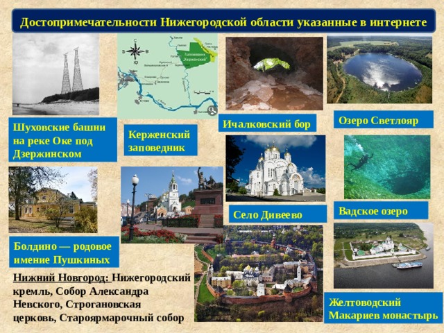 Достопримечательности Нижегородской области указанные в интернете Озеро Светлояр Ичалковский бор Шуховские башни на реке Оке под Дзержинском Керженский заповедник Вадское озеро Село Дивеево Болдино — родовое имение Пушкиных Нижний Новгород: Нижегородский кремль, Собор Александра Невского, Строгановская церковь, Староярмарочный собор Желтоводский Макариев монастырь 