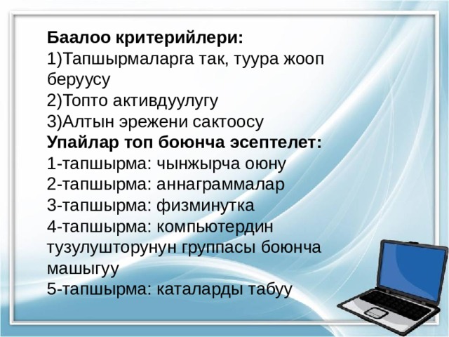 Баалоо критерийлери: Тапшырмаларга так, туура жооп беруусу Топто активдуулугу Алтын эрежени сактоосу Упайлар топ боюнча эсептелет: 1-тапшырма: чынжырча оюну 2-тапшырма: аннаграммалар 3-тапшырма: физминутка 4-тапшырма: компьютердин тузулушторунун группасы боюнча машыгуу 5-тапшырма: каталарды табуу 