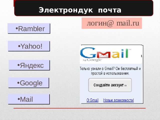Электрондук почта  логин @ mail.ru Rambler Yahoo! Яндекс Google Mail 