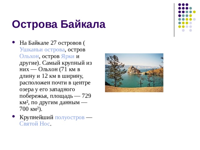 Острова Байкала На Байкале  27 островов  ( Ушканьи острова , остров  Ольхон , остров  Ярки  и другие). Самый крупный из них — Ольхон (71 км в длину и 12 км в ширину, расположен почти в центре озера у его западного побережья, площадь — 729 км², по другим данным — 700 км²). Крупнейший  полуостров  — Святой Нос . 