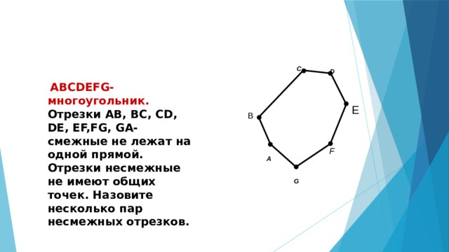 C D  ABCDEFG-многоугольник. Отрезки AB, BC, CD, DE, EF,FG, GA-смежные не лежат на одной прямой. Отрезки несмежные не имеют общих точек. Назовите несколько пар несмежных отрезков. E B F A G 