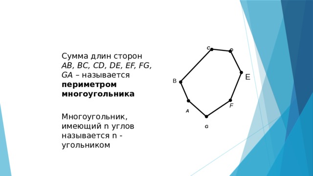 C D Сумма длин сторон AB, BC, CD, DE, EF, FG, GA – называется периметром многоугольника E B F A Многоугольник, имеющий n углов называется n - угольником G 