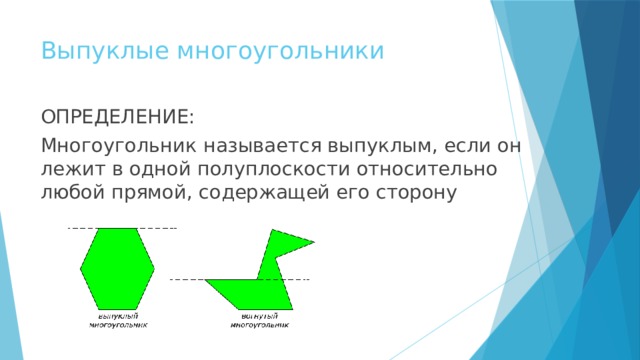 Выпуклые многоугольники ОПРЕДЕЛЕНИЕ: Многоугольник называется выпуклым, если он лежит в одной полуплоскости относительно любой прямой, содержащей его сторону 