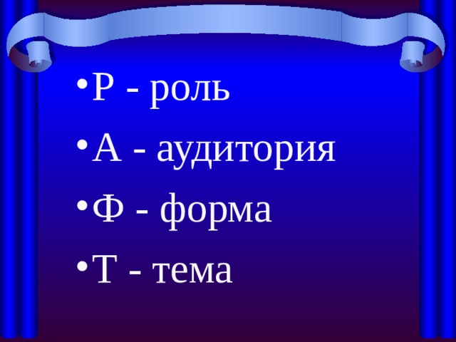 Р - роль А - аудитория Ф - форма Т - тема  
