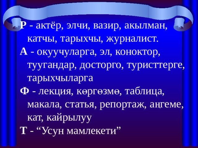 Р - актёр, элчи, вазир, акылман, катчы, тарыхчы, журналист. А - окуучуларга, эл, коноктор, туугандар, досторго, туристтерге, тарыхчыларга Ф - лекция, көргөзмө, таблица, макала, статья, репортаж, аңгеме, кат, кайрылуу Т - “Усун мамлекети” 