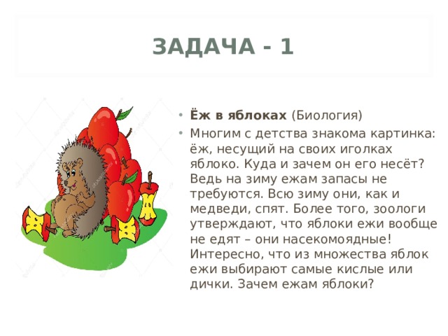 ЗАДАЧА - 1 Ёж в яблоках  (Биология) Многим с детства знакома картинка: ёж, несущий на своих иголках яблоко. Куда и зачем он его несёт? Ведь на зиму ежам запасы не требуются. Всю зиму они, как и медведи, спят. Более того, зоологи утверждают, что яблоки ежи вообще не едят – они насекомоядные! Интересно, что из множества яблок ежи выбирают самые кислые или дички. Зачем ежам яблоки? 
