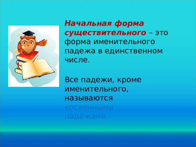 Начальная форма существительного – это форма именительного падежа в единственном числе. Все падежи, кроме именительного, называются косвенными падежами.  