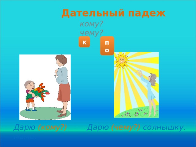 Дательный падеж кому? чему? к по Дарю (кому?) маме. Дарю (чему?) солнышку.  