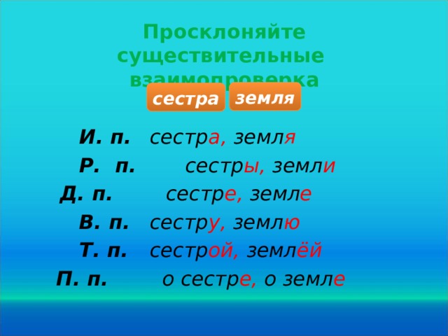 Просклоняйте существительные взаимопроверка земля сестра И. п.   сестр а, земл я Р. п.   сестр ы, земл и Д. п.   сестр е, земл е В. п.  сестр у, земл ю Т. п.  сестр ой, земл ёй П. п.   о сестр е, о земл е  