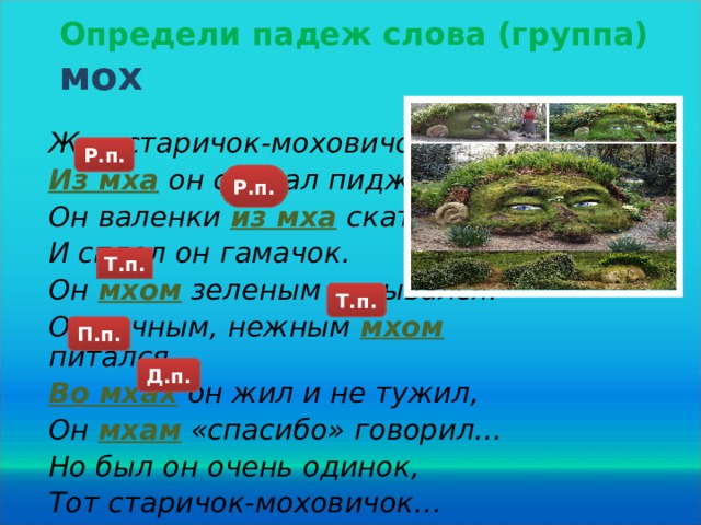 Определи падеж слова (группа) мох Жил старичок-моховичок, Из мха  он сделал пиджачок, Он валенки из мха  скатал И сплел он гамачок. Он  мхом  зеленым укрывался. Он сочным, нежным  мхом питался, Во мхах  он жил и не тужил, Он мхам «спасибо» говорил… Но был он очень одинок, Тот старичок-моховичок… Р.п. Р.п. Т.п. Т.п. П.п. Д.п. 20 